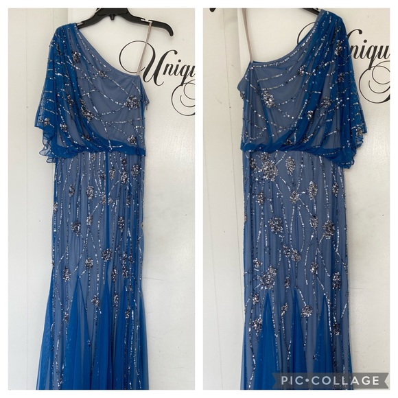 Adrianna Papell beaded one shoulder drape long gown - Picture 3 of 6